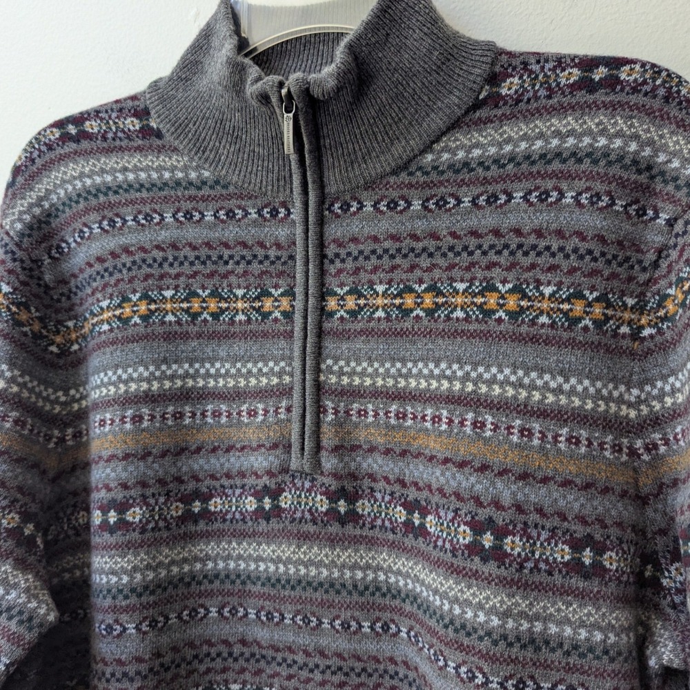 Brooks Brothers Sweater Grey Fair Isle Merino Wool Quarter Zip Sz M Heritage